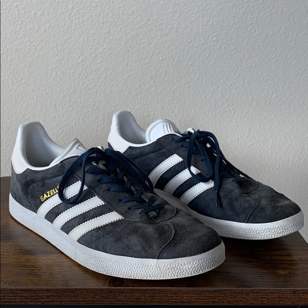 Blue suede Adidas gazelle.